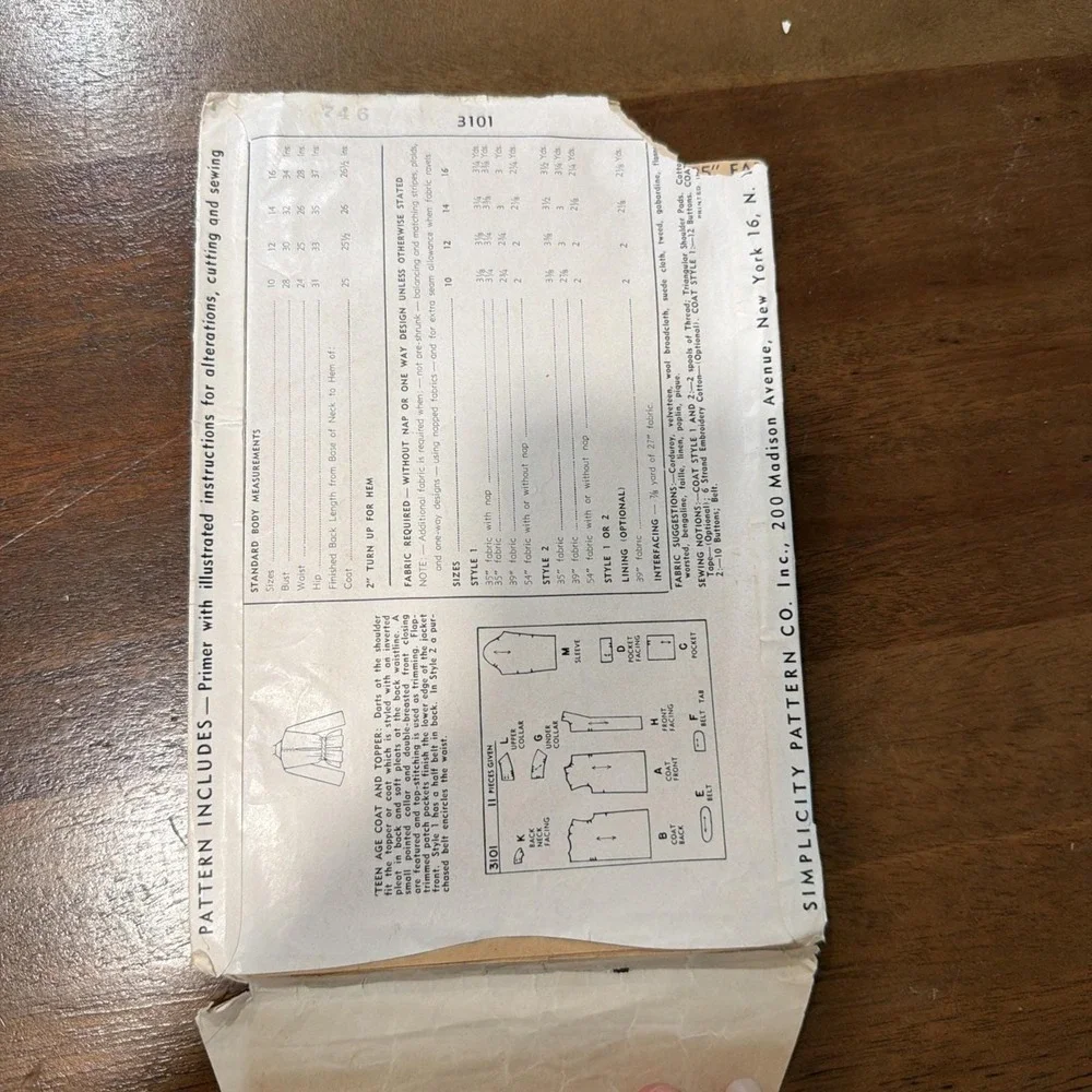 Vintage 1940S Simplicity Sewing Pattern Number 3101 Teen Size 12